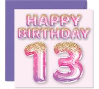 Carte d'anniversaire 13 ans pour filles - Ballons à paillettes roses et violettes - Cartes d'anniversaire pour fille de 13 ans, sœur, petite-fille, cousine, 145 mm x 145 mm