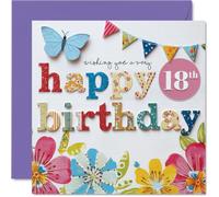 Carte d'anniversaire 18 ans - Célébration lumineuse et joyeuse - Bordure florale à motifs, fanions colorés et détails papillon - Carré de 145 mm, enveloppe incluse