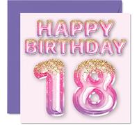 Carte d'anniversaire 18 ans pour femme - Ballons à paillettes roses et violettes - Cartes d'anniversaire pour femme, fille, sœur, tante, cousine, 145 mm x 145 mm