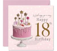 Carte d'anniversaire 18 ans - Raise a Glass to 18 - Gâteau goutte à goutte rose avec cœurs étincelants et étoiles dorées - Carte de célébration ultime - Carré de 145 mm, enveloppe incluse