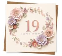 Carte d'anniversaire 19 ans pour elle, motif floral découpé avec message « Happy Birthday », rose pastel et violet