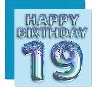 Carte d'anniversaire 19e anniversaire pour homme - Ballon bleu pailleté - Cartes d'anniversaire pour homme de 19 ans, frère, fils, neveu, oncle, 145 mm x 145 mm, cartes de vœux pour dix-neuvième