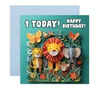 Carte d'anniversaire 1er anniversaire - « 2D Safari Age » - Cadeaux pour bébés garçons, fils, filles, tout-petits, enfants, famille - Animaux souriants - Livré avec des autocollants amusants