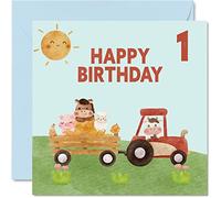 Carte d'anniversaire 1er anniversaire pour garçon - Animaux de la ferme - Carte d'anniversaire de 1 an, garçon et fille, cartes d'anniversaire pour lui et elle, 145 mm x 145 mm pour fils, neveu,