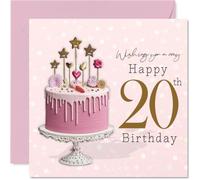 Carte d'anniversaire 20 ans - Célébrez avec style - Gâteau goutte à goutte glamour rose avec étoiles et cœurs dorés - Amusant scintillant pour une étape fabuleuse - Carré de 145 mm, enveloppe incluse