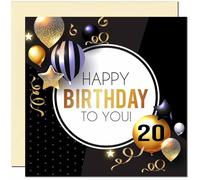 Carte d'anniversaire 20 ans pour homme et femme - Ballons dorés et noirs - Cartes d'anniversaire pour homme de 20 ans, vingt ans, fils, ami, neveu, cousin, frère, papa, oncle, sœur, nièce, petit-fils