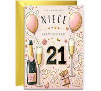 Carte d'anniversaire 21 ans pour nièce - Motif champagne et ballons - Élégante carte d'anniversaire pour elle de 21 ans avec joli poème à l'intérieur - Avec enveloppe dorée - Format A5