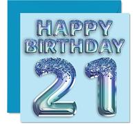 Carte d'anniversaire 21e anniversaire pour homme - Ballon de fête bleu pailleté - Cartes d'anniversaire pour homme de 21 ans, frère, fils, neveu, oncle, 145 mm x 145 mm, cartes de vœux pour