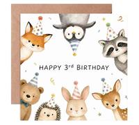 Carte d'anniversaire 3 ans pour bébé garçon ou fille avec lapin, cerf, hérisson, renard, ours, pingouin, 14 x 14 cm, pliée vierge à l'intérieur avec enveloppe kraft