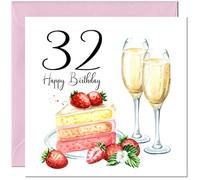 Carte d'anniversaire 32 ans pour femme - Fraises et gâteau - Cartes d'anniversaire pour femme de 32 ans, trente deuxième fille, amie, nièce, petite-fille, épouse, petite amie, fille, maman, tante pour