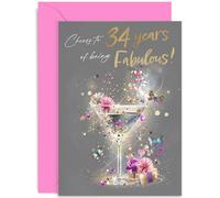 Carte d'anniversaire 34 ans joyeuse pour tout le monde, « Cheers to 34 Years of Being Fabulous ! », design graphique élégant, pour sœur, collègue, maman, fille, bestie, intérieur vierge avec enveloppe