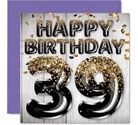 Carte d'anniversaire 39 ans pour homme - Ballons à paillettes noirs et dorés - Cartes d'anniversaire pour homme de 39 ans ami frère papa oncle 145mm - Cartes de vœux pour trente-neuvième anniversaire