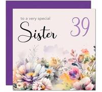 Carte d'anniversaire 39 ans pour sœur - Carte d'anniversaire pour sœur à motif floral violet pour 39 ans, trente-neuvième