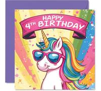 Carte d'anniversaire 4 ans - Lunettes de soleil licorne cool - Carte d'anniversaire licorne pour fille de 4 ans, carte d'anniversaire 4 ans, carte de quatrième anniversaire, 145 mm x 145 mm, jolie