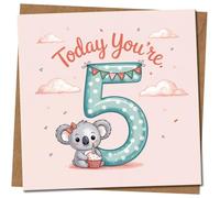 Carte d'anniversaire 5 ans Koala mignon pour enfants - Motif numéro à pois « Today You're 5 » carré - 145 mm x 145 mm - Comprend une enveloppe kraft