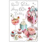 Carte d'anniversaire 60 ans pour sœur - 60 ans - Special Sister - Motif bocal à bonbons et cocktail - Finitions spéciales et feuille illustrée - Fabriquée au Royaume-Uni