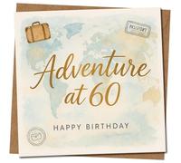 Carte d'anniversaire 60 ans sur le thème de voyage Adventure at 60 - Carte du monde - 145 mm x 145 mm - Pour elle ou lui, comprend une enveloppe kraft