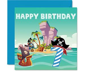 Carte d'anniversaire 7 ans pour garçon, Île au trésor des pirates