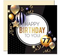 Carte d'anniversaire 77 ans pour homme et femme - Ballons dorés et noirs - Cartes d'anniversaire pour homme de 77 ans, soixante-dix, septième papa, grand-père, oncle, cadeau d'anniversaire pour