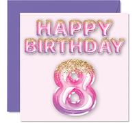 Carte d'anniversaire 8 ans pour filles - Ballons à paillettes roses et violettes - Cartes d'anniversaire pour fille, sœur, petite-fille, cousine, 145 mm