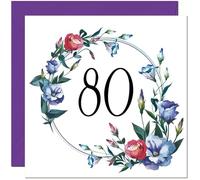 Carte d'anniversaire 80 ans pour femme avec motif floral - Carte d'anniversaire florale pour femme de 80 ans, grand-mère, maman, tante, amie, sœur, quatre-vingt-huitième nounou
