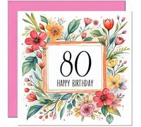 Carte d'anniversaire 80 ans pour femme - Tout âge - Carte d'anniversaire florale pour femme de 80 ans, grand-mère, grand-mère, maman, tante, amie, sœur, quatre-vingt-vingtième nounou