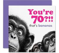 Carte d'anniversaire amusante 70 ans - You're 70? That's Bananas! - Illustration de singe effronté avec des accents roses et violets - Carré de 145 mm, enveloppe incluse
