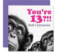 Carte d'anniversaire amusante pour 13e anniversaire - Going Bananas at Turning 13 - Illustration de trio de chimpanzés ludiques en rose et violet - Carré de 145 mm, enveloppe incluse