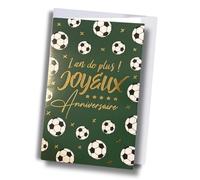 Carte d'Anniversaire avec Enveloppe, Thème Football, 1 an de Plus Joyeux Anniversaire, Motif Ballons de Foot sur Fond Vert avec Dorure