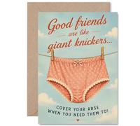 Carte d'anniversaire coquine - Ambiance d'amitié coquine - Culotte pêche surdimensionnée accrochée à une corde à linge avec nuages rétro - A5, enveloppe incluse