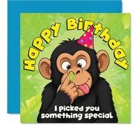 Carte d'anniversaire coquine - Pick of the Bunch Birthday Laughs - Dessin animé chimpanzé choisit son nez sur une scène de fête verte ludique - Carré de 145 mm, enveloppe incluse