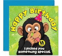 Carte d'anniversaire coquine pour 11e anniversaire - Pick of the Bunch Birthday Laughs - Singe de dessin animé dans un chapeau de fête, méfait qui cueille le nez - Carré de 145 mm, enveloppe incluse