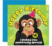 Carte d'anniversaire coquine pour 12e anniversaire - Chimpanzé qui cueille le nez dans un chapeau de fête - Amusement d'anniversaire avec un Bogey vert - Sure to Get a Giggle on Their Big Day
