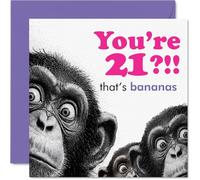 Carte d'anniversaire coquine pour 21e anniversaire - Bananes for Turning 21 - Illustration trio de chimpanzés coquins avec lettrage rose et violet - Carré de 145 mm, enveloppe incluse