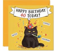 Carte d'anniversaire coquine pour 40e anniversaire - Wry Birthday Cheers - Chat grincheux dans un chapeau de fête avec confettis et bannière - Une version sardonique du tournage carré de 40 à 145 mm