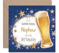 Carte d'anniversaire coquine pour neveu - Raise a Toast to Mischief - Verre à bière pailleté avec étoiles dorées et argentées - Carré de 145 mm, enveloppe incluse