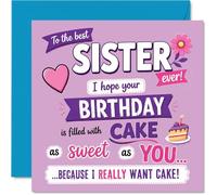 Carte d'anniversaire coquine pour sœur - Envie de gâteaux et rires d'anniversaire - Carte lilas ludique avec des cœurs audacieux, des fleurs et un message effronté - Carré de 145 mm, enveloppe incluse