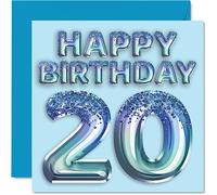 Carte d'anniversaire de 20 ans pour homme - Ballon de fête bleu pailleté - Cartes d'anniversaire pour homme de 20 ans, frère, fils, neveu, oncle, 145 mm x 145 mm, cartes de vœux pour vingt vingtième