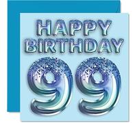Carte d'anniversaire de 99e anniversaire pour homme - Ballon de fête bleu à paillettes - Cartes d'anniversaire pour homme de 99 ans arrière-grand-père grand-père