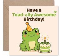Carte d'anniversaire grenouilles - Toad-ally Charming Wishes - Grenouille de dessin animé dans un chapeau de fête avec gâteau d'anniversaire - sûr de ravir tout amateur d'animaux - Carré de 145 mm