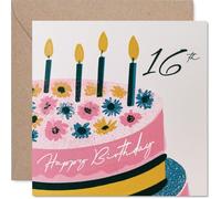 Carte d'anniversaire ludique 16 ans - Célébrez les seize ans avec style - Gâteau d'anniversaire rose superposé avec fleurs et bougies colorées - Carré de 145 mm, enveloppe incluse