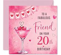 Carte d'anniversaire ludique 20 ans - Raise a Glass to Twenty! - Cocktail rose et cœurs étincelants avec fanions et cerises - Carré de 145 mm, enveloppe incluse