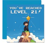 Carte d'anniversaire ludique 21 ans - Level Up Laughs - Joueur rétro Pixel Art escaladant une montagne à une étoile dorée - Carré de 145 mm, enveloppe incluse
