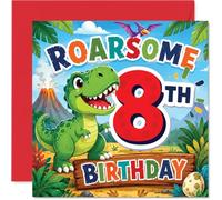 Carte d'anniversaire ludique 8 ans - Roaring into Huit - Dessin animé coloré T-rex dans une jungle avec volcan et géant rouge carré de 8 à 145 mm, enveloppe incluse