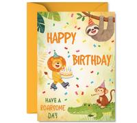 Carte d'anniversaire ludique - Bursting with Birthday Joy - Animaux colorés dans des chapeaux de fête et des confettis - Lion sur patins à roulettes apporte plus de plaisir - A5, enveloppe incluse