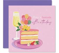 Carte d'anniversaire ludique - Débordant de joie d'anniversaire - Gâteau, ballons et bulles sur un fond rose - Une façon vibrante de célébrer avec style - Carré de 145 mm, enveloppe incluse