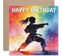 Carte d'anniversaire ludique - Kick-start the Birthday Fun - Silhouette d'artiste martial sur un arc-en-ciel éclatant - Carré de 145 mm, enveloppe incluse