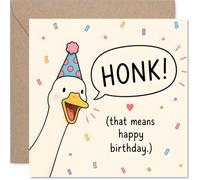 Carte d'anniversaire ludique - Oie coquine et confettis - Motif chapeau de fête de dessin animé avec bulle de discours « HONK! » - Carré de 145 mm, enveloppe incluse