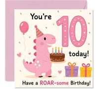 Carte d'anniversaire ludique pour 10e anniversaire - Roar into Double Digits - Dinosaure rose dans un chapeau de fête avec gâteau d'anniversaire et ballons - Carré de 145 mm, enveloppe incluse