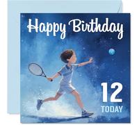 Carte d'anniversaire ludique pour 12e anniversaire - Serve Up a Smile - Illustrated Tennis Boy Smashing a Shot on a Shot on a Starry Blue Background - Carré de 145 mm, enveloppe incluse